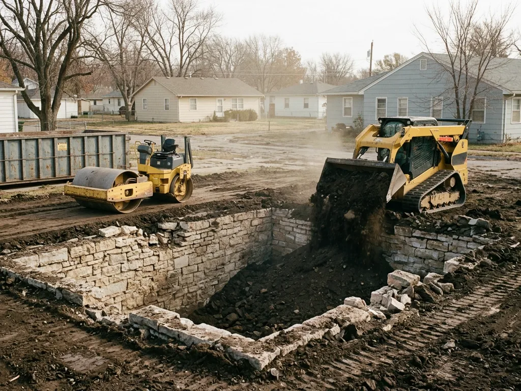 Track loader filling an old basement after a house teardown near Ozawkie, Kansas