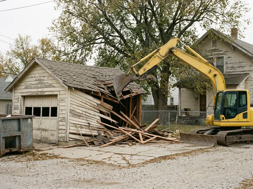 Mini excavator taking down a detached garage off an alley in Topeka, Kansas