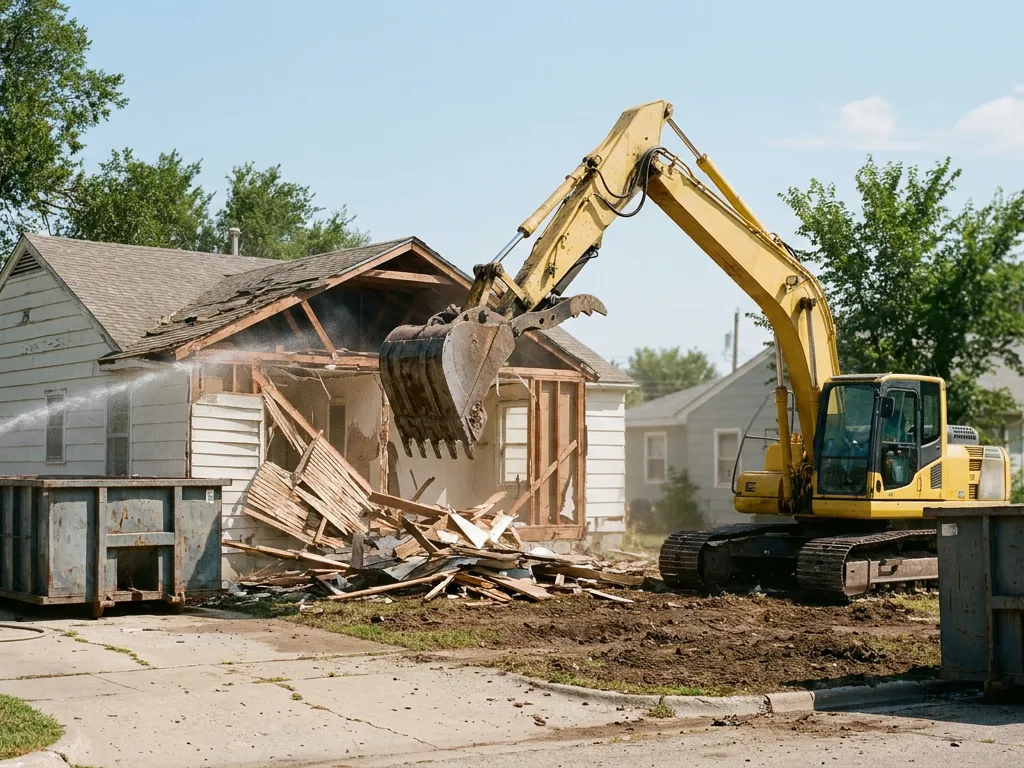 Yellow excavator with a grapple pulling down a 1950s frame house in Topeka, Kansas