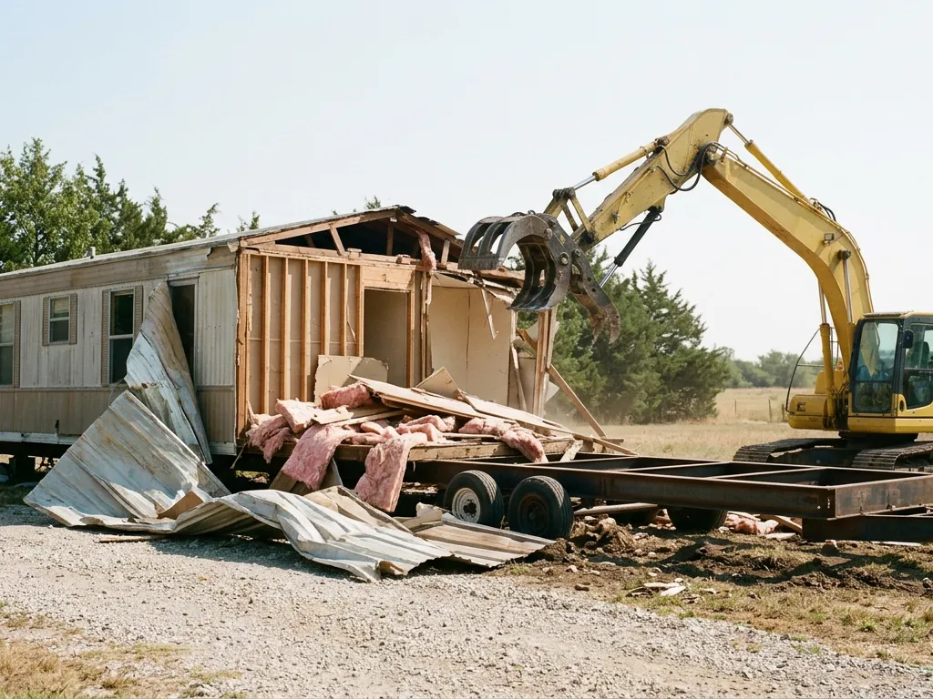 Excavator tearing down an old mobile home on a rural lot near Auburn, Kansas