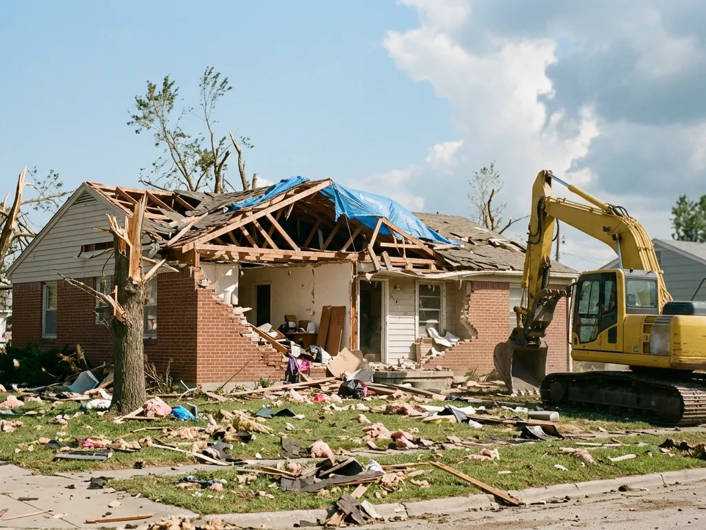 Storm-damaged brick house waiting for demolition near Rossville, Kansas